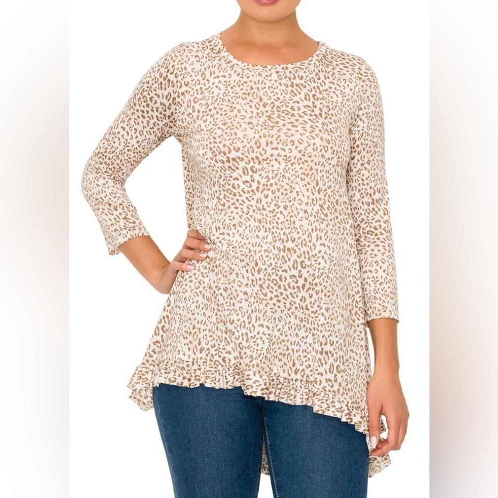 NWOT Neutral Leopard Print Ruffle Hem Top High Low Hem SZ 2X